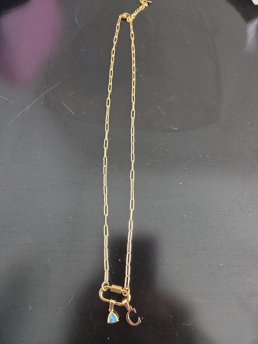 Gold Necklace with Blue Teardrop Charm and Letter C